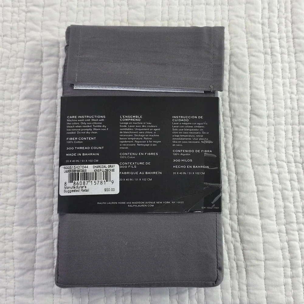 Lauren Ralph Lauren Dunham Sateen King Pillowcase Set 2pc Charcoal Gray 300TC